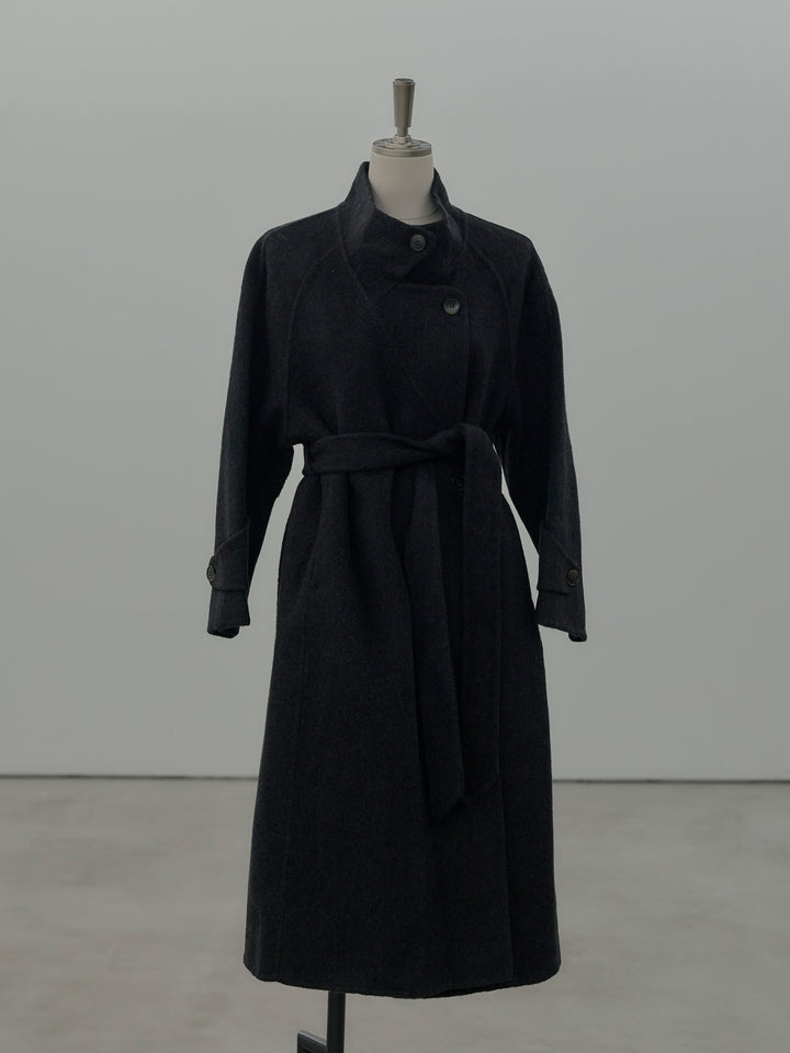 スタンドカラー起毛ウールタッチロングコート