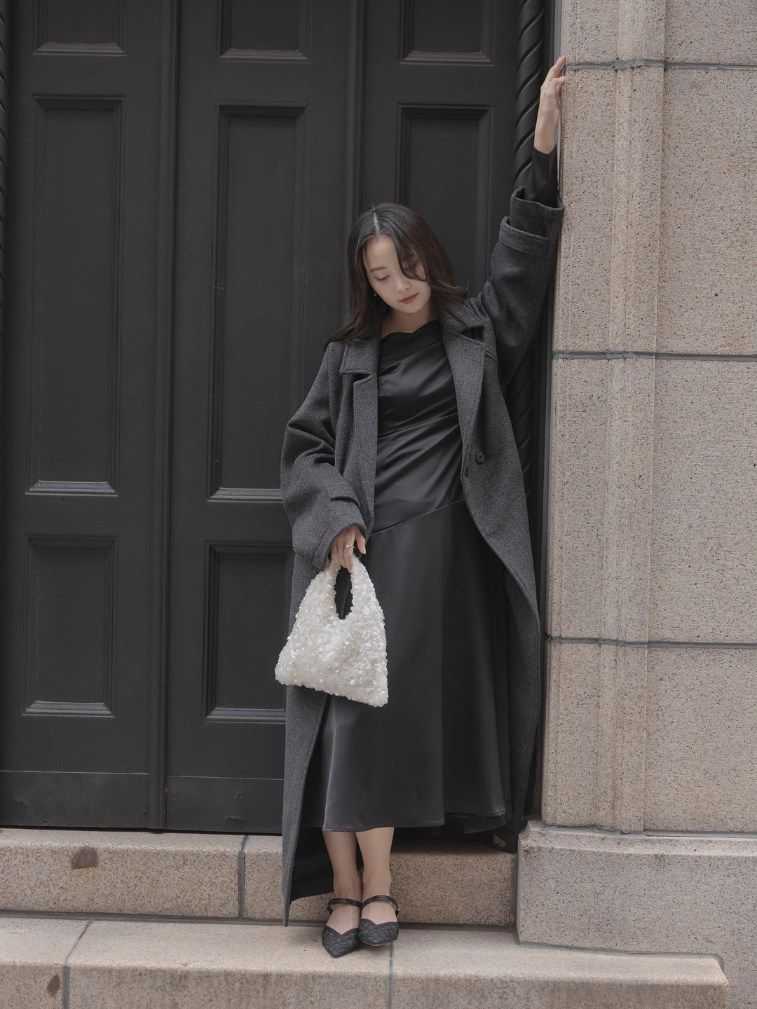 【Essential】ハートネックロングスリーブサテンワンピース