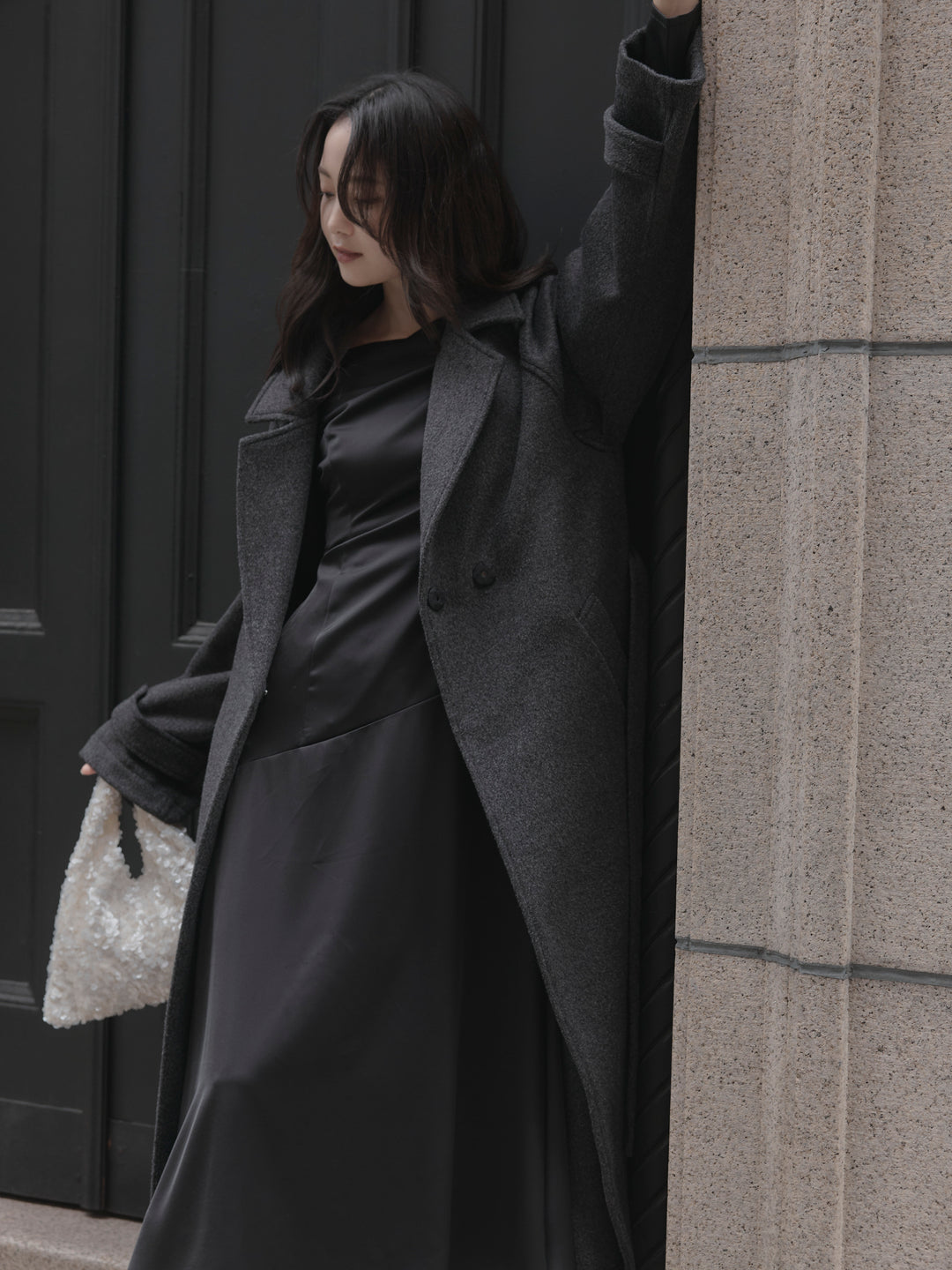 【Essential】ハートネックロングスリーブサテンワンピース