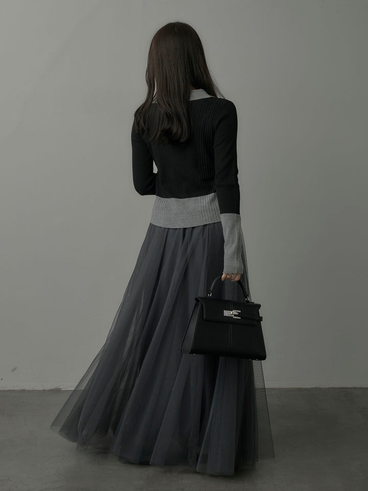 【SET】バイカラーリブニットポロトップス+ボリュームチュールスカート(2set)