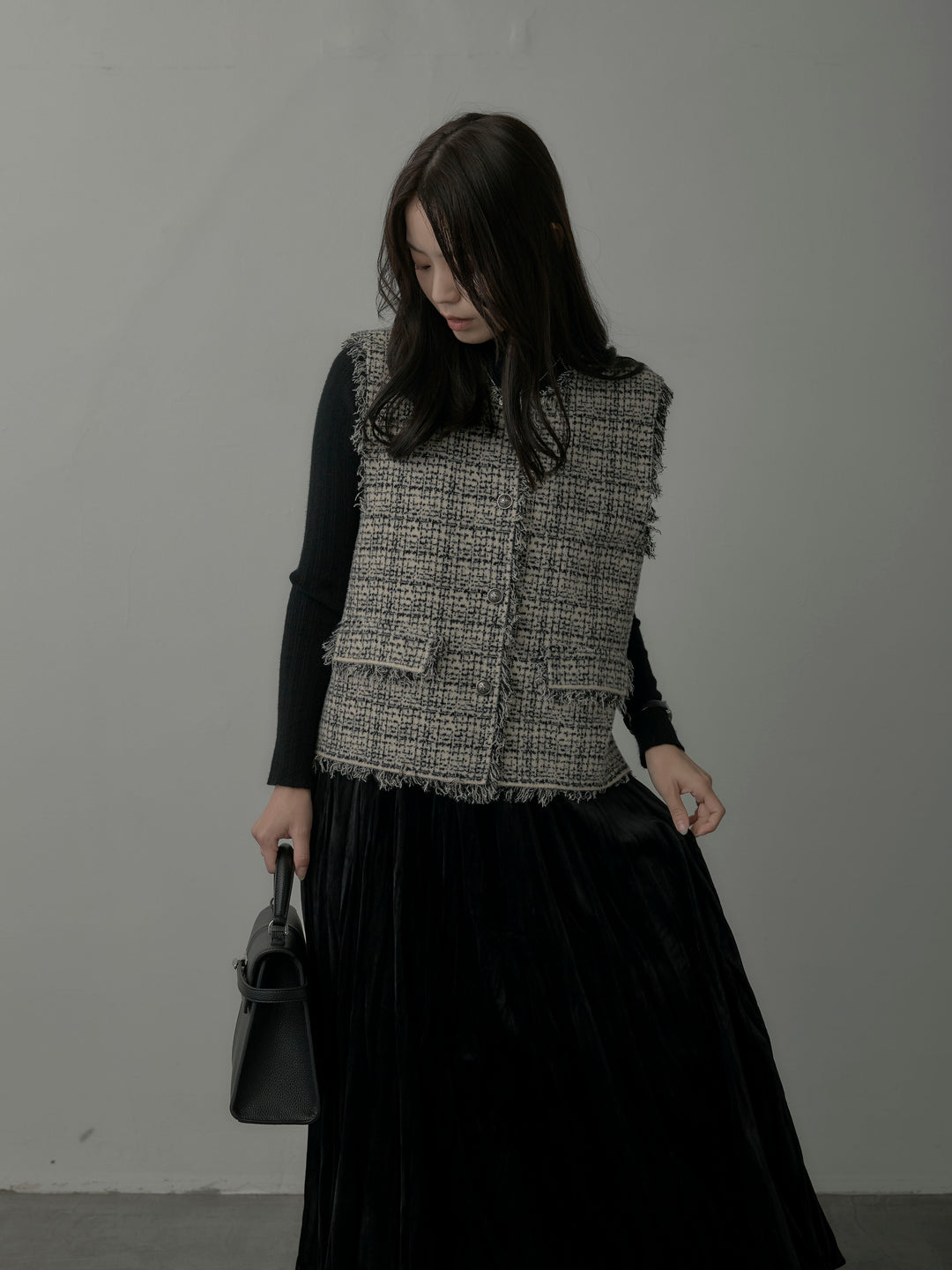 【SET】ツイードフリンジベスト+リブニットタートルネック+ベロアワッシャープリーツスカート(3set)