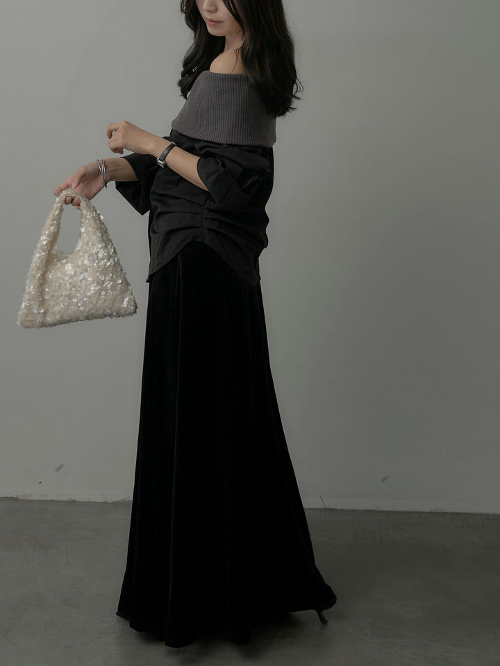 【SET】ニットシャツドッキングオフショルトップス+ベロアフレアロングスカート(2set)