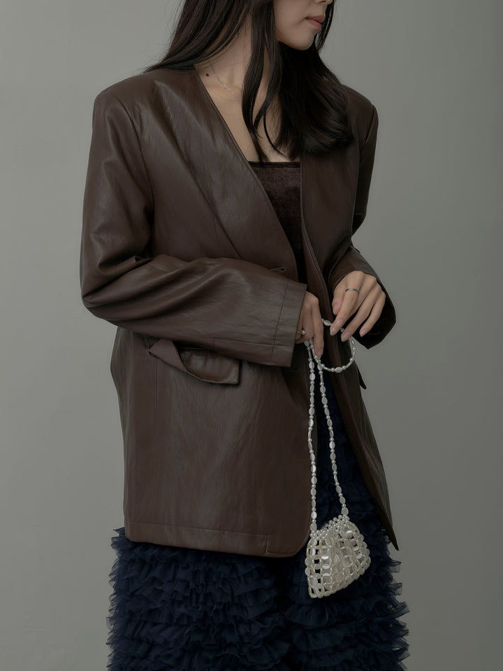 【SET】レザーノーカラージャケット+ドラマチックフリルチュールスカート(2set)