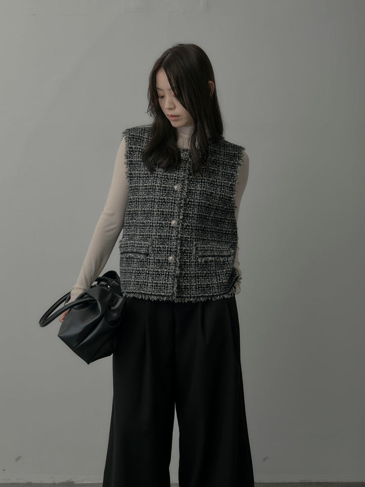 【SET】ツイードフリンジベスト+メロウフリルシアートップス+【ロープベルト付属】ウールタッチワイドパンツ(3set)