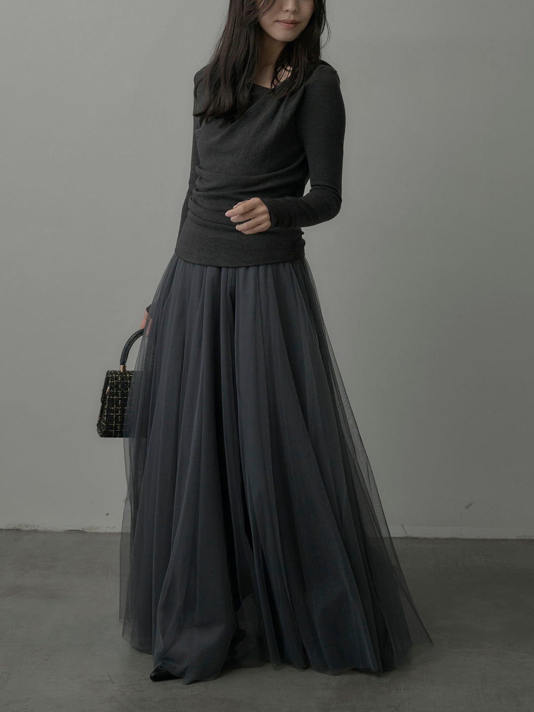 【SET】ドレープデザイントップス+ボリュームチュールスカート(2set)