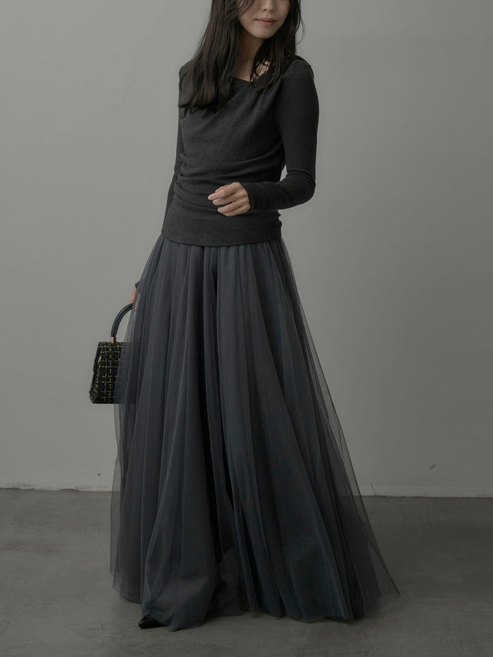 【SET】ドレープデザイントップス+ボリュームチュールスカート(2set)
