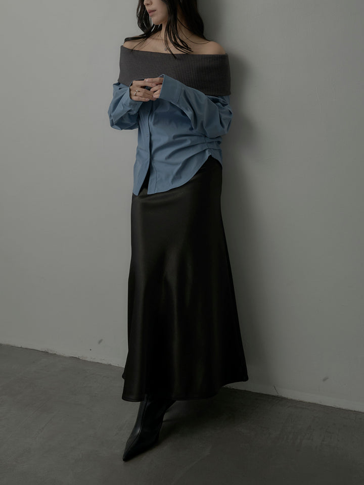 【SET】ニットシャツドッキングオフショルトップス+ヘビーサテンAラインスカート(2set)