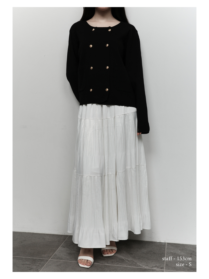 【SET】ダブルゴールドボタンクルーネックニットカーディガン+【Essential】Soft sheen tiered flare skirt(2set)