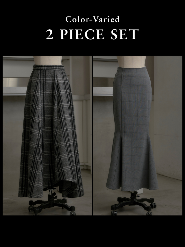【SET】【Essential】クラシカルチェックウールタッチスカート+【Essential】チェック柄マーメイドスカート(2set)