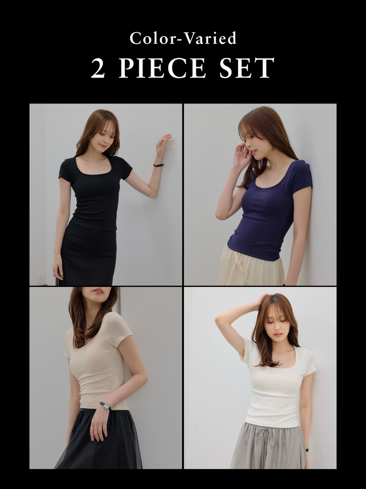 【SET】カップ付きスクエアネックTシャツ+カップ付きスクエアネックTシャツ(2set)