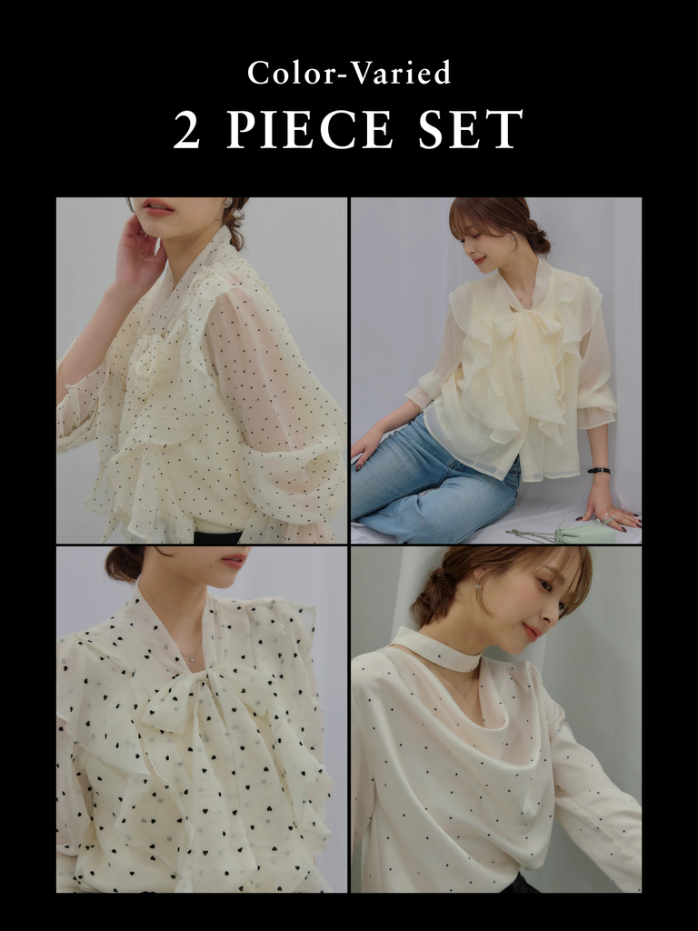SET】ボウタイフリルアソートブラウス+ドットパターンサテンブラウス