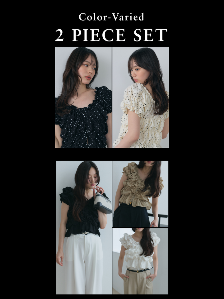 【SET】半袖シャーリングトップス+マルチWAY半袖ドットシャーリングトップス(2set)