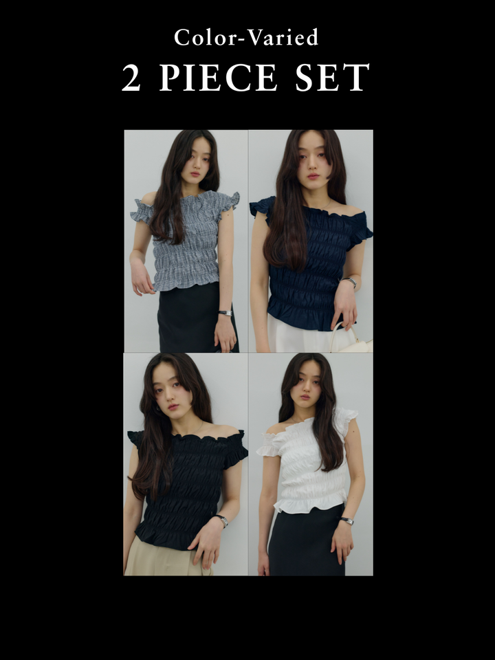 【SET】シャーリングアシメオフショルダーコンパクトトップス+シャーリングアシメオフショルダーコンパクトトップス(2set)
