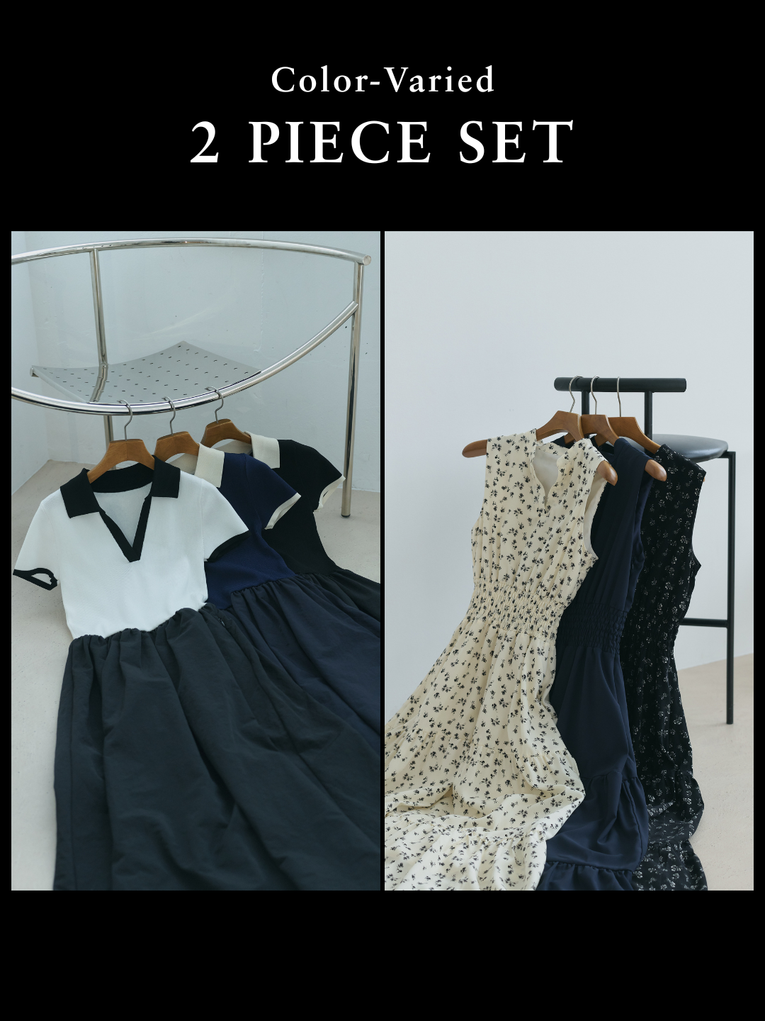 【SET】【Essential】POLO docking half sleeve one piece+【Essential】V neck shirring tiered one piece(2set)