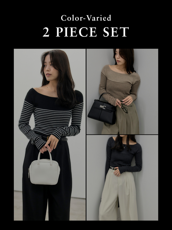 【SET】ハーフボーダーニットトップス+ハーフボーダーニットトップス(2set)