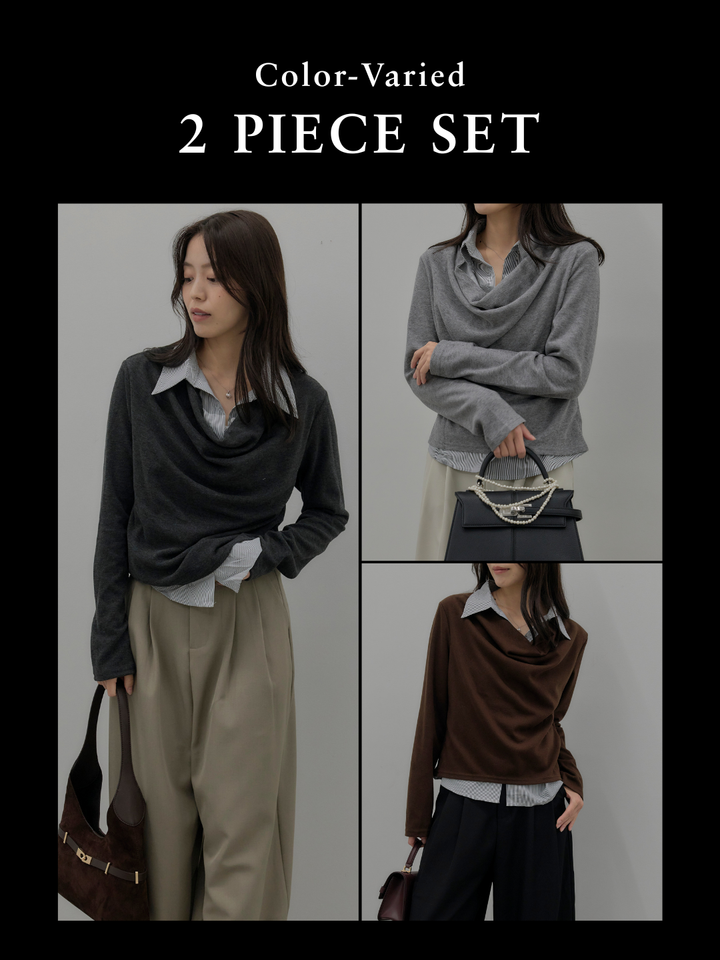 【SET】シャツレイヤードドレープニットトップス+シャツレイヤードドレープニットトップス(2set)